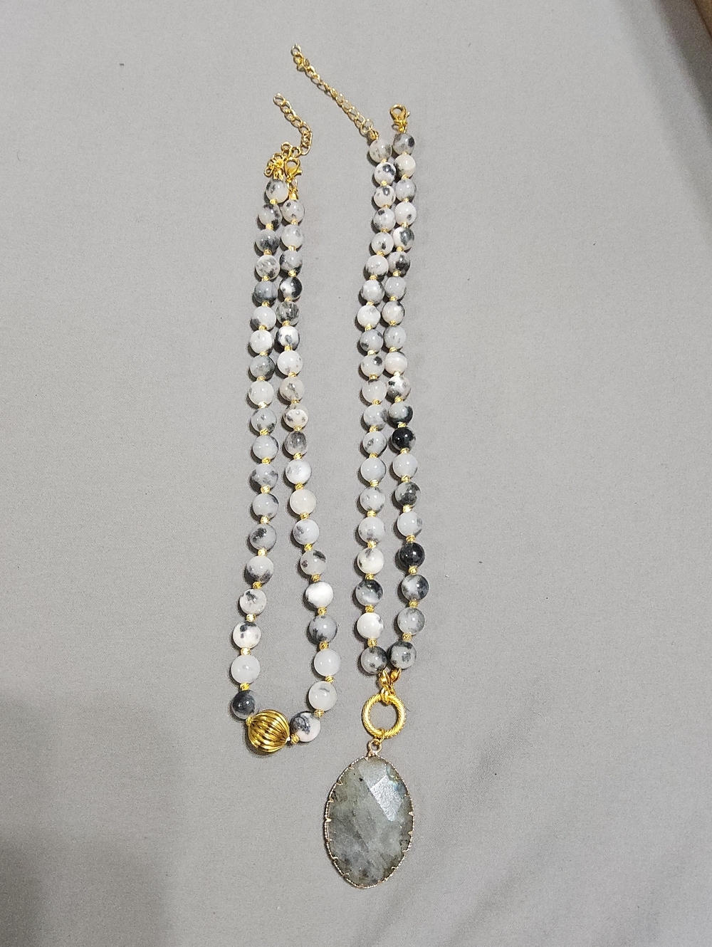 2Pc. Beaded gemstone necklace featuring an oval pendant